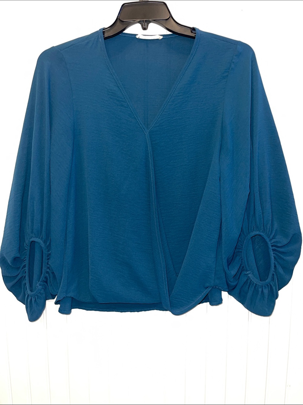 Women's Teal V-Neck Blouse with Ruched Sleeve Detail